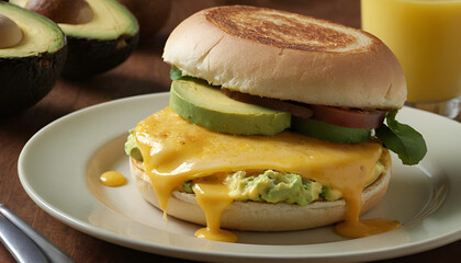 Sticker - egg, cheddar and avocado breakfast sandwich on a plate