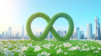 Sticker - An illustration of a giant infinity symbol made of grass and flowers against a background of modern city skyline