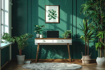 Wall Mural - A home office desk with a dark green wall and a white table mock-up is featured in stock photo 