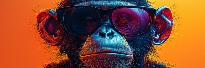 Wall Mural - A close-up portrait of a chimpanzee wearing sunglasses, with a colorful, psychedelic background.