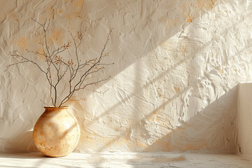 A room with a stucco wall and a vase containing a branch serves as interior background in stock photo 