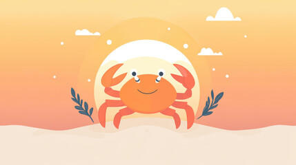 Wall Mural - A minimalist crab illustration on a calm beach, featuring soft colors and a clean, modern design.