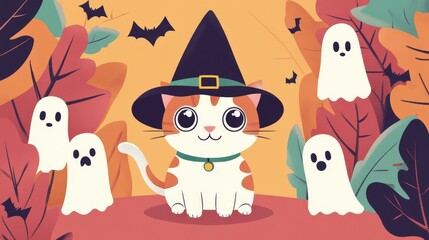 Poster - A playful Halloween scene with a witch hatwearing cat, playful ghosts, and bats amidst a festive backdrop.