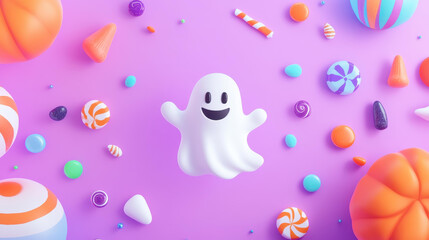 Sticker - A lively Halloween scene filled with bright pumpkins, sweet treats, and playful ghosts, perfect for festive celebrations.