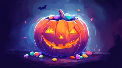 Poster - A vibrant Halloween pumpkin overflowing with candy, ideal for embracing spooky season fun and sweet delights.