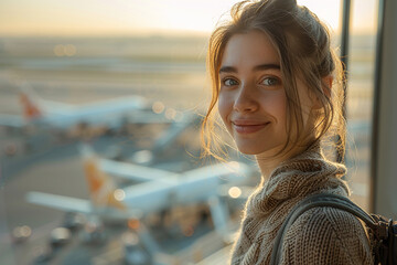 Wall Mural - A young woman stands with anticipation near airport window, her eyes sparkling with excitement as she eagerly awaits her flight, morning sun casting a warm glow on her face and bustling tarmac below, 