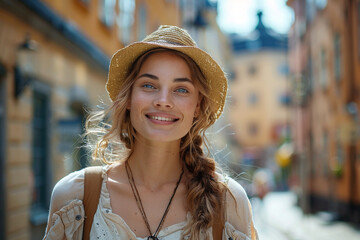 Wall Mural - A tourist woman, with a wide-angle view, is captivated by vibrant and bustling city of Stockholm, as she explores its charming streets and iconic landmarks during a sunny summer day, immersing herself