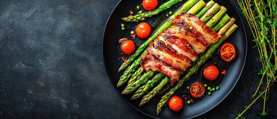 Wall Mural - Grilled Asparagus and Seared Steak on Dark Background