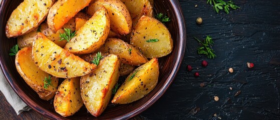 Canvas Print - Roasted Potatoes and Carrots with Herbs on Dark Background