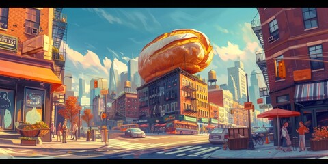 Dynamic city scene with a giant loaf of bread on a busy street. Whimsical and surreal with vibrant colors, capturing the lively energy of urban life. 🍞🌟