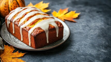 Pumpkin loaf with a sugar glaze, displayed on a vintage plate with fall foliage, fall dessert, elegant autumn dining