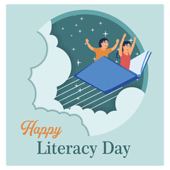 Wall Mural - Girls and boys flying over books. Reading books becomes an imagination for children. Happy Literacy Day concept. Flat vector illustration.