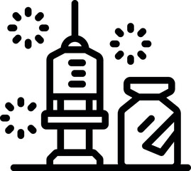 Poster - This line art vector illustration shows a syringe and vial celebrating a scientific discovery with fireworks
