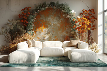 Wall Mural - modern living room interior mock-up with trendy dried flowers, a decorative green arch, and modern furniture including a white sofa and armchair 