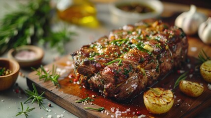 A juicy grilled steak with sauce and herbs, accompanied by seasonings.