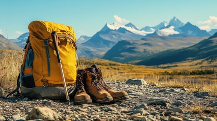 A camper's backpack, boots, and walking stick lying on a rocky trail, set against a backdrop of mountains and a clear blue sky