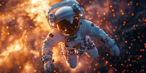 Astronaut floating in space, surrounded by glowing particles and a dramatic background.