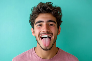 Portrait of a young caucasian man sticking his tongue out isolated on blue background