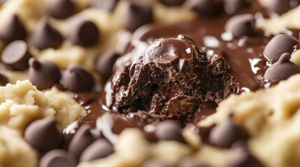 A close-up of chocolate chips melting into cookie dough, highlighting the gooey texture and rich chocolate.