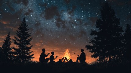  A family enjoying a campfire, roasting marshmallows under a starry sky, with tall trees silhouetted in the background.