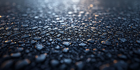 Close up of a dark, wet surface with water droplets glistening in the light.