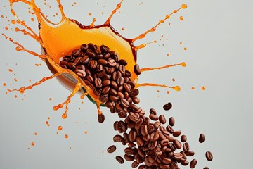 Wall Mural - Lively Orange Coffee Splash with Jumping Beans on Bright Isolated Background