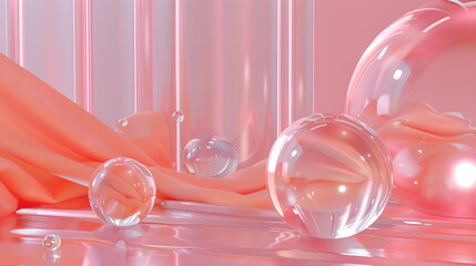 Poster - Abstract scene with glass spheres and pink fabric. 3d geometric shape render illustration. Modern surreal art background.
