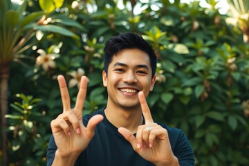 A man smiling while showing the number five with his finger