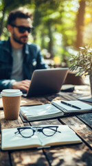 Poster - A man is sitting at a table with a laptop and a notebook. He is wearing sunglasses and a blue jacket. The table is covered with a laptop, a notebook, a cup, a pen, and a pair of glasses