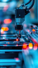 Poster - A machine is cutting a record. The machine is black and red