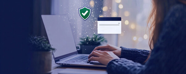 Poster - A woman is typing on a laptop with a credit card on the screen. Concept of online shopping and the importance of security when making transactions