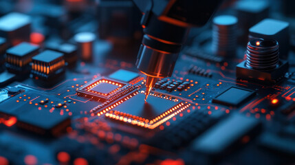 Poster - A computer chip is being etched into a circuit board. Concept of precision and technical expertise, as the process of etching a chip into a circuit board requires a high level of skill