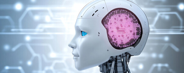 Poster - A robot head with a pink brain. The robot head is white and has a blue eye