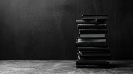 A close-up photo of a stack of books with black and white tones,