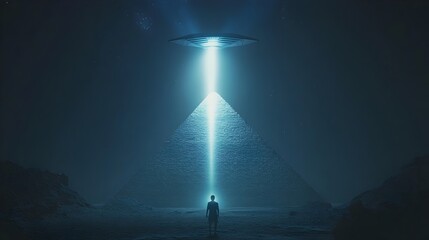 Poster - Alien Spaceship Emitting Luminous Beam Down to Mysterious Pyramid in Otherworldly Nightscape