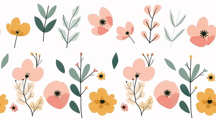 Wall Mural - A Garden of Pastel Delights: A whimsical collection of hand-drawn floral illustrations in soft pinks, yellows, and greens, perfect for adding a touch of springtime charm to your designs.