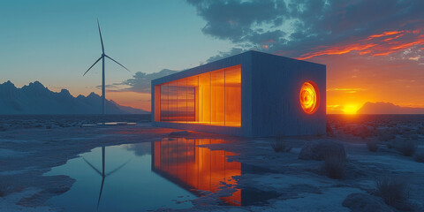 Poster - A modern, minimalist house with a large window reflecting the vibrant sunset in a desert landscape.