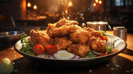 Canvas Print - Fried chicken is being sprinkled with cheese and tomatoes by a person in a restaurant setting.