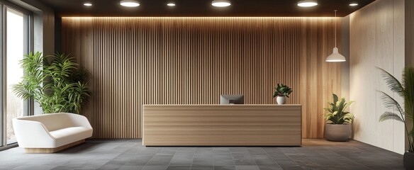 Wall Mural - Modern Reception Area with Wooden Wall and White Couch