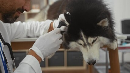 Canvas Print - A hispanic veterinarian examines a husky's ear in a clinical veterinary room, indicating professional pet care.