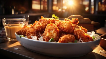 Wall Mural - A close-up of a bowl filled with mouthwatering fried chicken and rice,