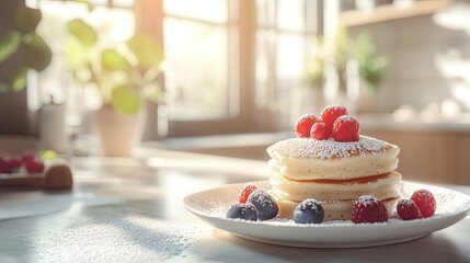 A serene breakfast scene with a plate of Japanese pancakes, powdered sugar, and fresh berries, with a soft-focus background of a modern kitchen