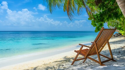 Beach chairs under coconut trees on a clean white sand beach.