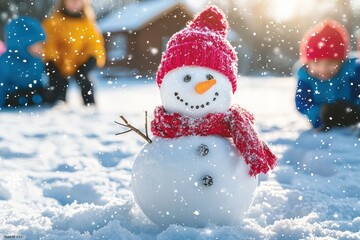 Wall Mural - Cheerful Snowman in Winter Wonderland