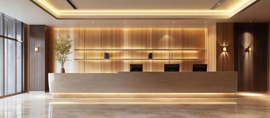 Poster - Modern Hotel Reception Desk with Wooden Wall Panels and Marble Countertop