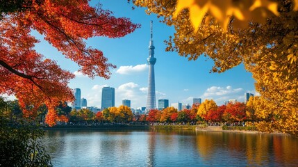 A serene view of Tokyo's iconic Skytree tower against a backdrop of golden and red autumn foliage, with a clear blue sky. Tourists admire the scene from a nearby park