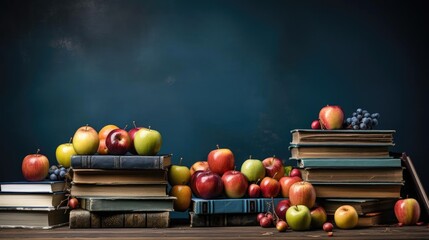 Wall Mural - An assortment of apples displayed on a table next to a stack of books,