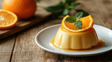 A smooth, glossy orange pudding on a white plate, garnished with a perfectly cut orange slice and mint leaves, with a rustic wooden table in the background