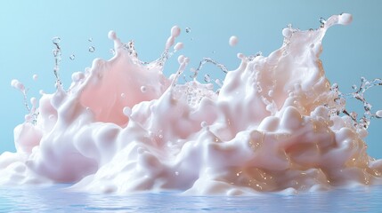 Wall Mural - 3D illustration of milk splash with assorted shapes and abstract liquid clip art collection isolated on blue background with white cosmetics splashing