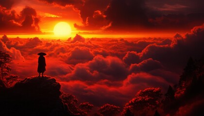 A silhouette of a figure standing on a mountain, surrounded by vibrant clouds at sunset, creating a serene and mystical atmosphere.